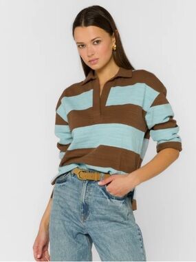 Velvet Heart Brown and Light Blue Striped Polo RugbyTop! NWT! M